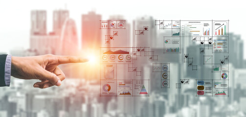 A big data visualization and business analytics dashboard grid. A complex collection of charts and graphs for comprehensive company reporting. Motif