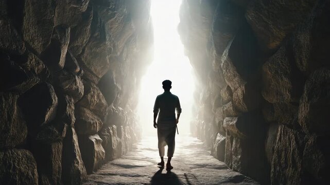 Slow dolly-in camera movement as the silhouetted male figure continues to walk purposefully forward, gradually approaching the bright light at the end of the tunnel The light intensifies 4K