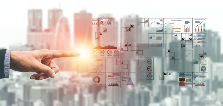 A big data visualization and business analytics dashboard grid. A complex collection of charts and graphs for comprehensive company reporting. Motif - Powered by Adobe