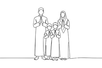 Obraz premium Minimalist One Line Art Muslim Family Praying Islamic Ramadan Concept for Religious Illustration and Greeting Design