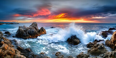 Dramatic sunset over ocean waves crashing on rocky shore coastal landscape serene environment wide angle view