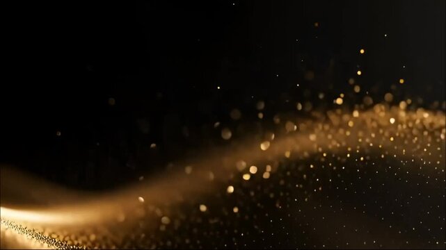 Golden abstract wave with sparkling particles on black background  