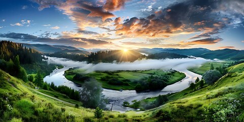 Sunrise over serene river bend lush green landscape nature photography misty environment wide angle view