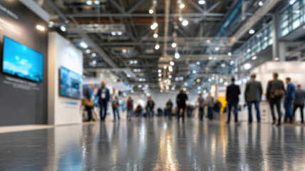 Blurred figures in a trade show hall. Shiny floors mirror the bright overhead lights. The image captures the scale and activity.
