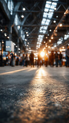 Blurred silhouettes of people walking in hall with bright sunlight beaming through. Abstract view of crowd at a convention or trade show.