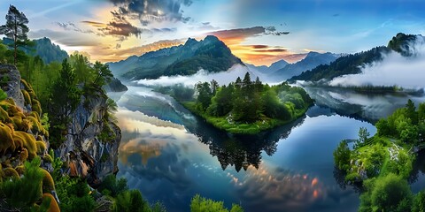 Tranquil sunset reflection over serene lake majestic mountains landscape photography nature panoramic view