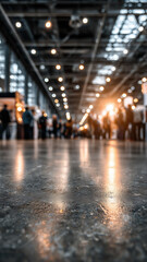 Fototapeta premium Blurred shot of an expansive, bustling trade show floor; lights reflect off the polished floor with people in the background.