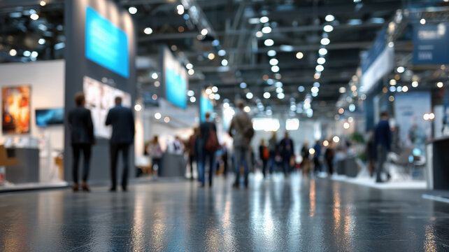 Blurred view of attendees at a modern convention hall with various booths and digital displays under bright ceiling lights. 