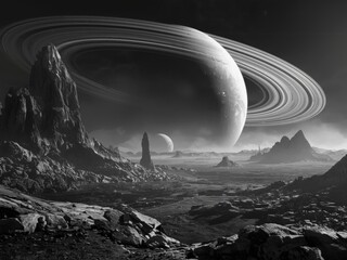 Saturn's rings over rocky landscape