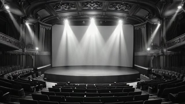 Slow, deliberate push-in dolly camera movement glides smoothly down the central aisle of the empty, darkened theater The volumetric light shafts subtly shift and dance in the still air, e 4K