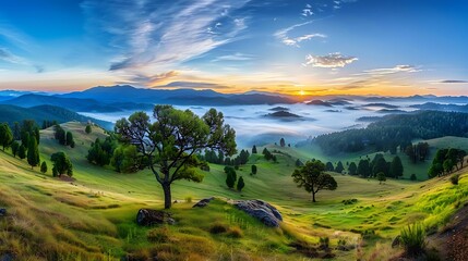 Breathtaking sunrise over misty hills nature landscape morning serenity panoramic view tranquil environment