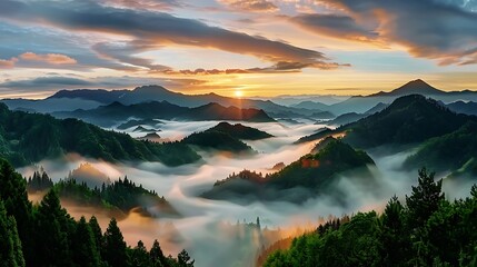 Breathtaking sunrise over misty mountains nature landscape scenic viewpoint tranquil environment