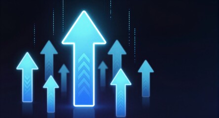 Blue glowing arrows point upward, symbolizing growth and progress in digital space.