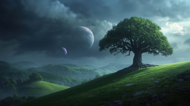 Solitary tree under stormy skies - Powered by Adobe