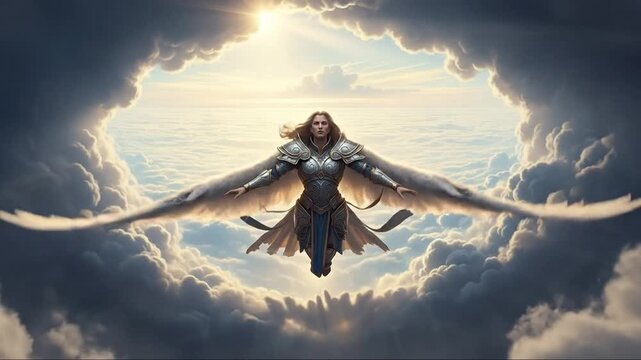 Guardian Angel Descends Through Clouds, Divine Light Shines