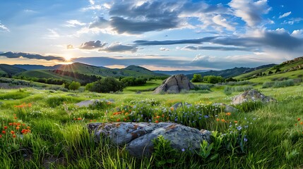 Sunset over lush green hills wildflower meadow landscape photography vibrant nature scenic viewpoint