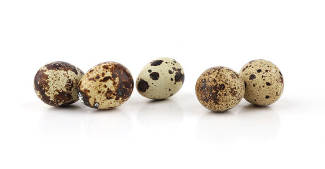 Fototapeta premium Quail eggs isolated on white background. Natural patterned farm quail eggs.