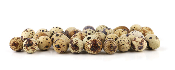 Quail eggs isolated on white background. Natural patterned farm quail eggs.