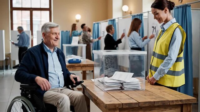 Senior man in a wheelchair casting a vote at a polling station. Elderly disabled voter placing a ballot paper into a transparent box during an election. Accessibility and democracy concept