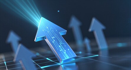 Blue glowing arrow points forward on digital grid, symbolizing progress and innovation.