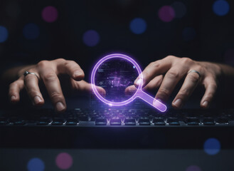 Woman typing on black keyboard with virtual purple magnifying glass. Digital data search and analysis concept for online information access.