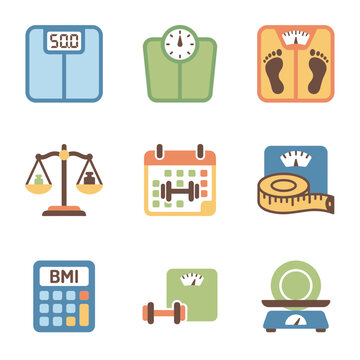 Body Weight Tracking and Fitness Assessment Icons Featuring Different Scales Measuring Tape Calendar and BMI Calculator