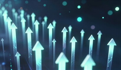 Glowing arrows ascend through digital space, symbolizing progress and innovation in futuristic tech environment.