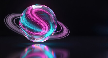 Neon swirls in glass sphere, glowing rings orbiting dark void. Futuristic cosmic energy dance.