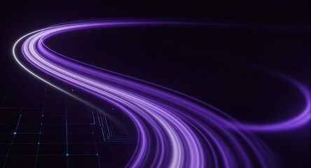 Purple light trails swirl above glowing grid, futuristic digital motion in deep space.