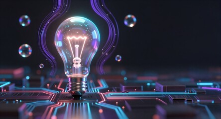 Neon lightbulb glowing on circuit board, futuristic bubbles and data streams in dark space.