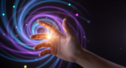 Hand reaches toward glowing cosmic swirls of purple and blue light.
