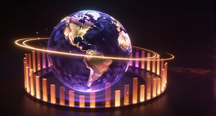 Glowing Earth surrounded by radiant bars, cosmic data visualization in futuristic digital space.