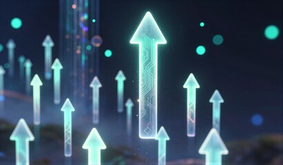 Glowing arrows ascend through digital space, symbolizing progress and innovation in futuristic tech environment.