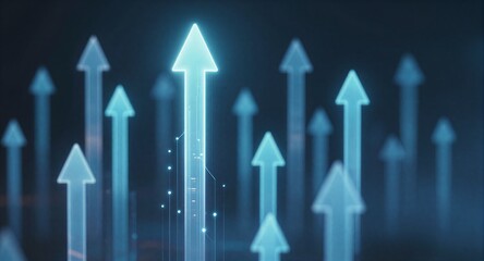 Glowing blue arrows ascend against dark background, symbolizing growth and progress.