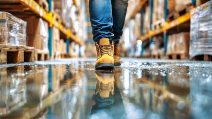 Male worker wearing work boots walking into liquid spill on warehouse floor, safety hazard, slippery surface, industrial accident risk, occupational safety, workplace caution and hazard awareness