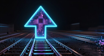 Neon circuit arrow on train tracks, futuristic tech guiding forward motion in dark night.