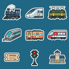 Rail Transportation and Train Travel Icon Set with Steam Locomotive High Speed Bullet Train Railway Station Ticket and Traffic Light Symbols