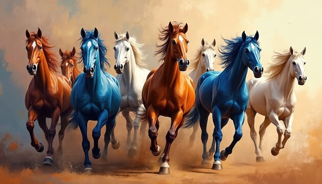 Seven horses run together kicking up dust. Brown, blue, and white horses gallop with flowing manes across a desert landscape. Dynamic painting captures movement and power.