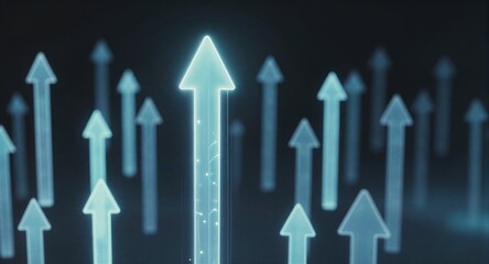 Glowing blue arrows ascend against dark background, symbolizing growth and progress.