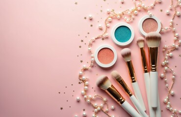 Cosmetic brushes and eyeshadow palettes arranged on pink surface with pearl necklace and gold stars. Makeup artist tools, beauty products laid out for application and creation of glamorous looks.