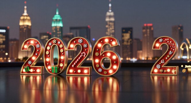 Glowing "2026" numbers adorned with Christmas lights and ornaments, city skyline backdrop. - Powered by Adobe