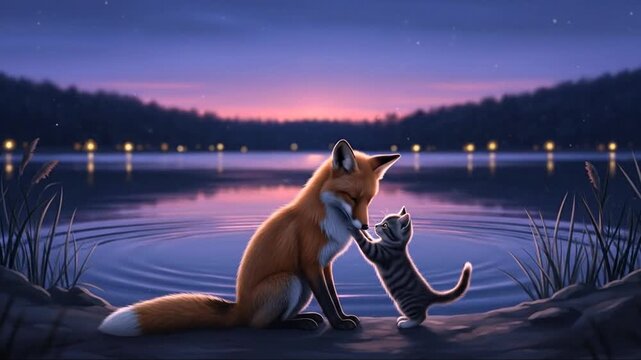 Fox and Kitten Friendship at Twilight by Lake