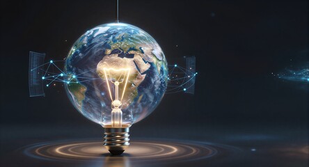 Glowing light bulb encases Earth, symbolizing innovation and global connectivity through technology.