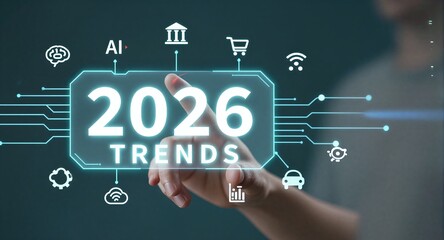 Hand selects "2026 Trends" on futuristic digital interface, icons glow around.