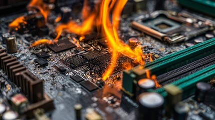 Fire engulfing and destroying the motherboard and components of a desktop PC, severe computer damage, burning electronics, circuit board meltdown, hardware destruction and technology disaster