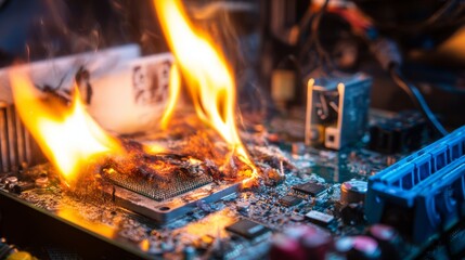 Fire engulfing and destroying the motherboard and components of a desktop PC, severe computer damage, burning electronics, circuit board meltdown, hardware destruction and technology disaster