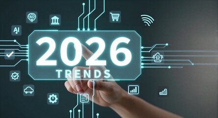 Hand selects "2026 Trends" on futuristic digital interface, icons glow around.