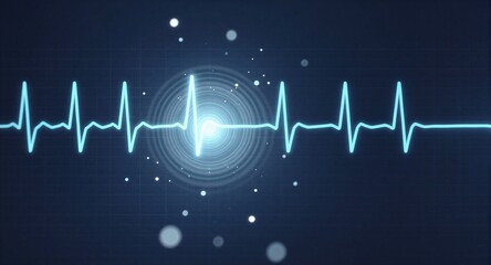 Blue ECG waveform pulses on dark grid, glowing peaks and soft light particles in futuristic medical design.
