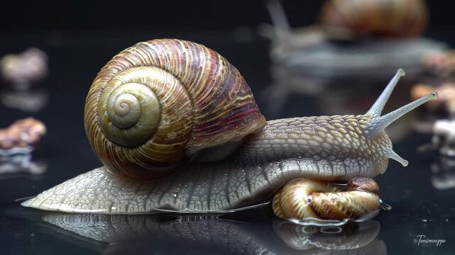 Macro snail gliding in water, other snails blurry in background, showcasing texture for nature use