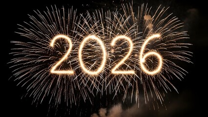 A colorful New Year fireworks display creates a vibrant explosion of red and blue light against the black night sky during a festive holiday celebration